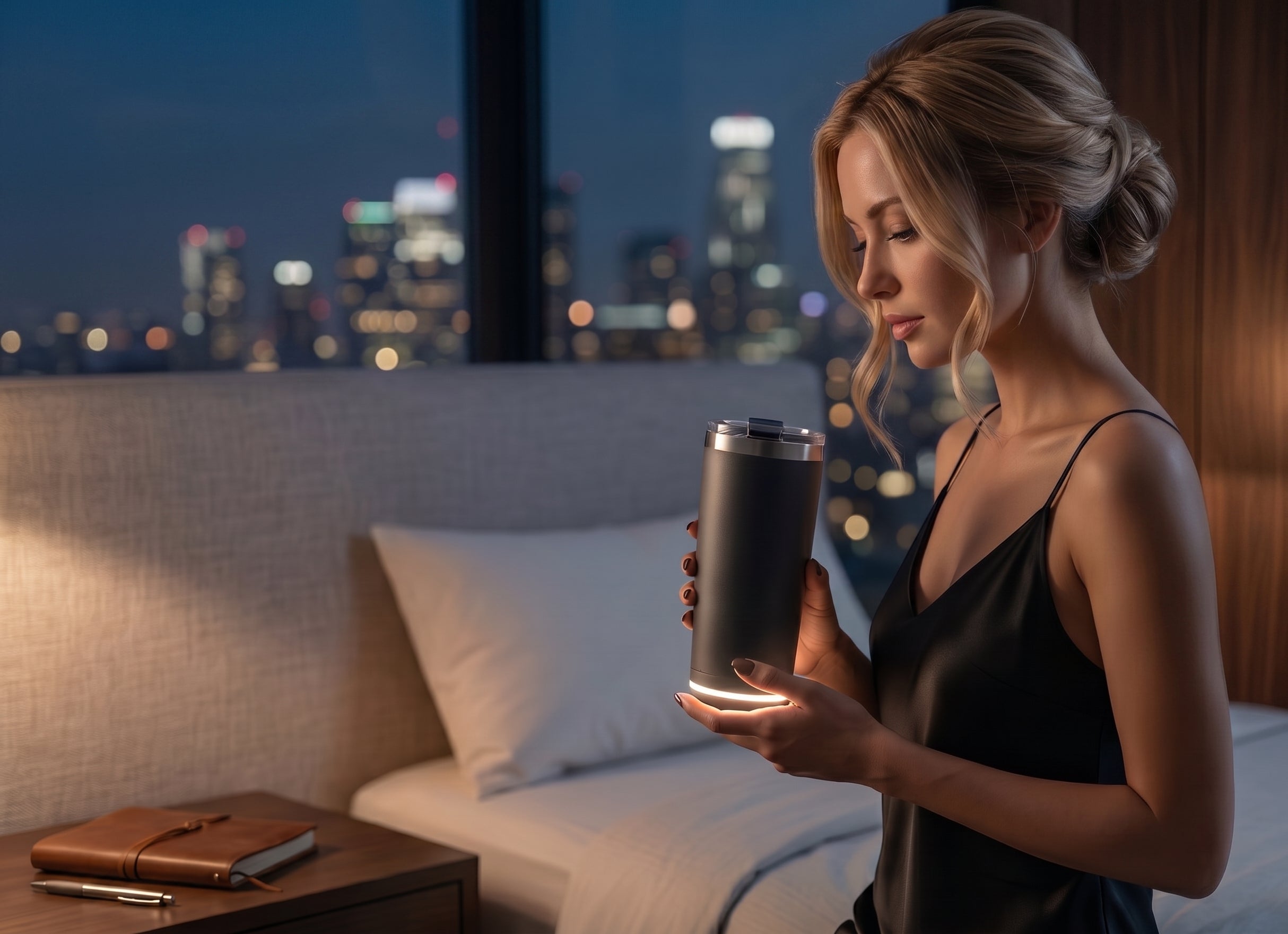 Woman holding a dark LUMA tumbler with a soft illuminated glow near the bottom rim at night